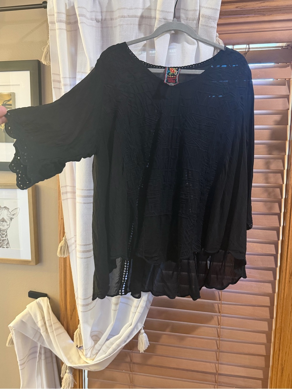 Johnny Was Bohemian Tunic Black Crochet-Detail Women's Top